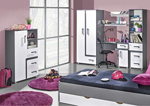 QMM TraumMoebel Jugendzimmer Kinderzimmer komplett Alex Set G Farbauswahl Fronten weiß Schrank Schreibtisch Standregal Kommode Wandregal NEU