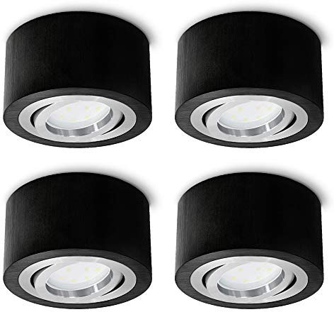 SSC-LUXon 4 Stück flache LED Aufbauspots rund Alu schwarz schwenkbar - mit LED 4W neutralweiß 230V - Spot Aufbau Decke Ø 90mm