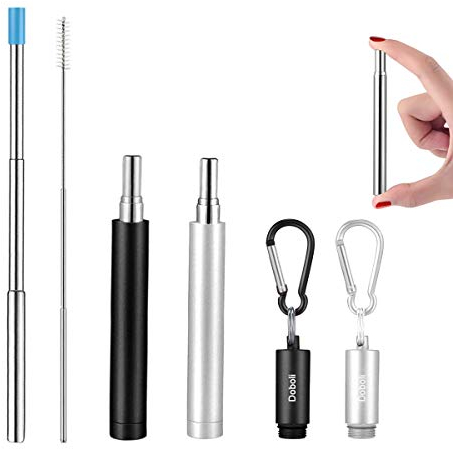 Wiederverwendbare Metall-Trinkhalme, faltbar, Edelstahl, tragbar, Teleskop-Strohhalm, mit Etui, Schwarz/Silber, 2 Stück