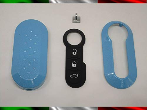 TOPBEST Cover Chiave Guscio + Tasti TASTINI in Gomma + Gancio Portachiavi Compatibile con Fiat 500 Punto Evo Panda 500L LANCIA Y YPSILON MUSA Delta SCOCCA Azzurro