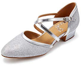 HXYOO Tanzschuhe mit geschlossenem Zehenbereich, niedriger Absatz, Glitzer, für Damen, Salsa, Latein, Hochzeit, Party, 3,8 cm Absatz, S11-1, Silber: 3,8 cm, 38 EU