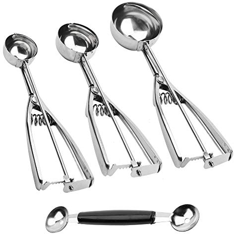 3 + 1 Edelstahl-Melonen-Kugelschaufel, Eisportionierer, Set mit 3 + Doppelkopf-Edelstahl-Fruchtschaufel