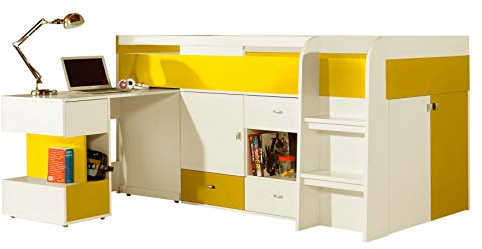 Furniture24 Multifunktionsbett mit ausziehbarem Schreibtisch Etagenbett Hochbett Bett MOBI MO21 mit Federkernmatratze, Kommode und Schrank (Weiß/Gelb)