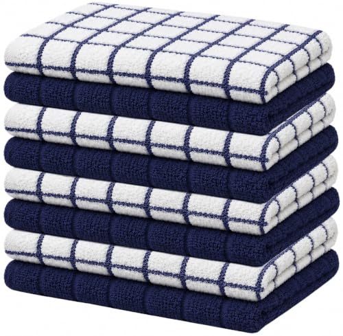 Bumble Lot de 8 torchons à Vaisselle en Coton de qualité supérieure (30,5 x 30,5 cm) - Motif à Carreaux Bleu Marine | Très absorbants, Coton Naturel filé à l'anneau | 380 g/m²