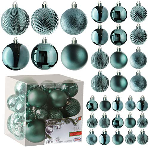 Prextex pfauengrüner Weihnachtskugelschmuck für Weihnachtsschmuck - 36 Stück unzerbrechlicher Weihnachtsbaumschmuck mit Aufhängeöse für Feiertage und Partys (Kombination aus 6 Styles in 3 Größen)
