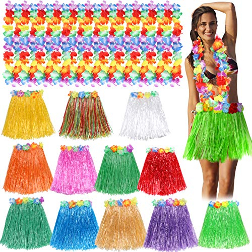 12 Ensemble Jupe Hawaienne Deguisement Hula avec Taille Élastique et Collier Fleurs pour Enfant Filles Femmes Fête Hawaï Luau Party