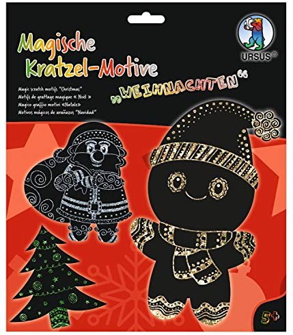 Ursus 24540004F - Magische Kratzel-Motive Weihnachten, schwarz, mit Regenbogen Effekt, 6 Bogen 250 g/qm, inklusive 1 Bambusstift, Stickeraugen und Kratzanleitung, ideal als Geschenk, bunt