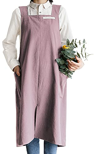 Small snail Baumwolle Leinen Schürzen Einfarbig Japanischer Stil Kreuz Zurück Schürze mit Tasche Retro Literatur Kunst Blumenladen Kleidung für Damen Herren Küche Kochschürzen Übergröße Rosa