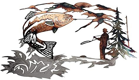 CREATCABIN Metal Wall Art Garden Fish Wall Hanging Decoration Animal Fishing Mountains Trees Rivers Human Crafts Art Ornament Silhouettes Home For Indoor Outdoor Garden Fence Decor 12 x 8inch