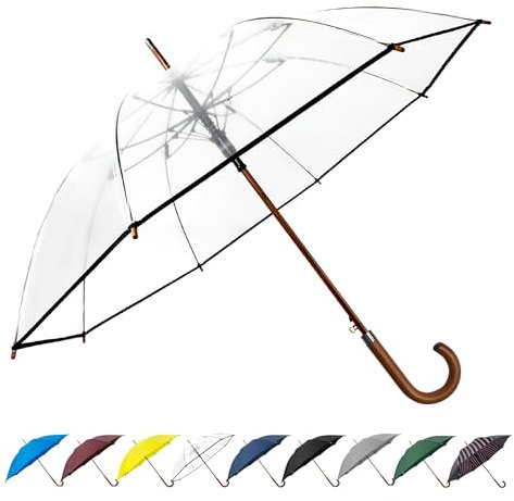 SoulRain Regenschirm Transparent–Sturmfester Durchsichtiger Stockschirm Damen/Herren,Holzgriff Groß Sicherheitsschirm mit Automatik-Öffnung& Selbstverteidigungs-Hochzeit/Golf/Windproof Step-by-Step