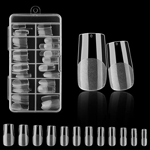 120PCS Clear Half Frosted Nails Tip Almond Acrylic Fake Nails Full Cover Fake Nails Medium Square 12 Sizes For Nail Salons and Home