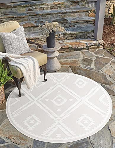 carpet city In-& Outdoor Teppich - Rund 200 cm - für Innen-& Außenbereich - Wetterfest Balkon-Teppich, Terrasse, Flur, Küche - Wohnzimmer-Teppiche - Hochtief/ 3D-Effekt - Rauten-Muster in Creme