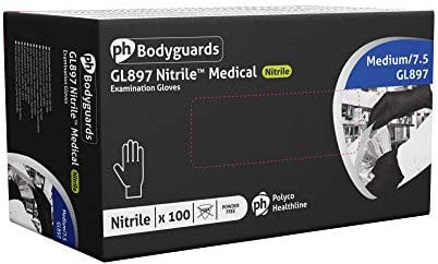 Medium ORIGINAL Polyco Bodyguards GL8972 Disposable Black Nitrile Examination Gloves | Medical | Industrial | Hair, Beauty | Food | Janitorial | Powder Free | Latex Free | 1 Box of 100