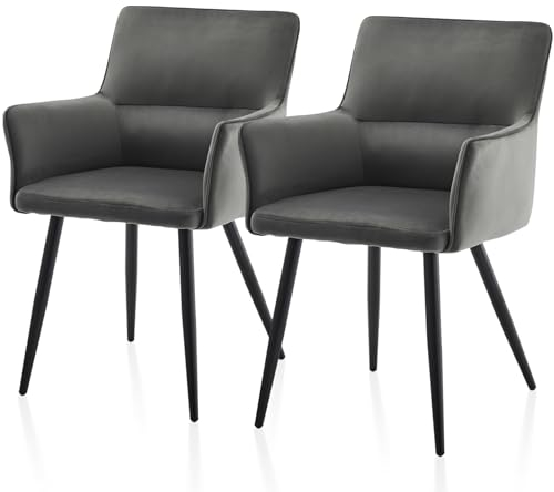 TUKAILAI Esszimmerstühle 2er-Set aus Samt, Modern Polsterstuhl Küchenstuhl mit Armlehnen, Rückenlehne, Polstersitz, Metallbeine,Wohnzimmer-Sessel, Esszimmer Küche, 2 stück Stuhl, Dunkelgrau