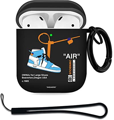 Gedicht Airpod Case for 1st & 2nd Gen, Sports Shoes with Lanyard, Protective TPU Soft Case Cover, Rugged with Keychain, Black Blue