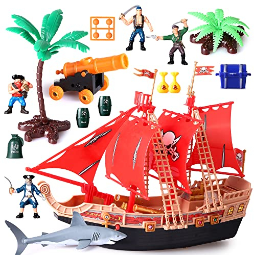 Kinder Piratenschiff Abenteuerspielzeug mit Plastikaktionsfiguren Piratenschiff Spielplatz mit Hai, Boot, Kanone, Bäume und anderes Zubehör Pädagogisches Geschenk für Jungen Mädchen 3+