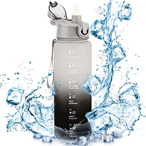 Royouzi Trinkflasche 1L, Wasserflasche Auslaufsicher 1000ML mit Strohhalme, Trinkflasche Sport Kohlensäure Geeignet, BPA Frei Sportflasche mit Zeitmarkierung für Fitness, Fahrrad, Wandern, Outdoor
