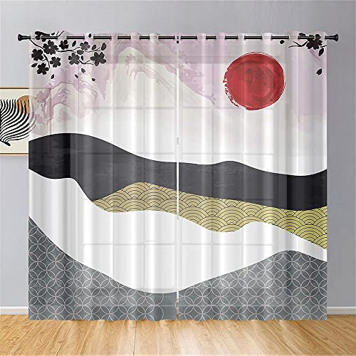 Hiseng Lot de 2 Rideaux Voilage à Oeillets, Semi-Transparent en Effet Voile Décoration de Fenêtre Salle de Bain Balcon Chambre Salon Cuisine,Tulle 2 Panneaux (107x160cm,Style Japonais)