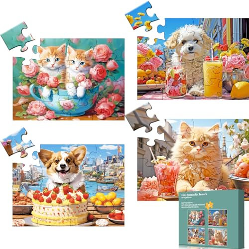 4 Pack 16 Large Piece Jigsaw Puzzles Dementia Alzheimer's Products Cognitive Jigsaw Puzzles for Elderly - Vibrantly Colored, Textured Pieces, Eco-Friendly, Memory Game for Patients in Nursing Home
