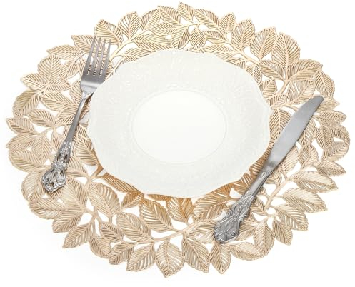 Cedilis 12 Pack Gold Placemat, Vinyl Leaf Round Table Placemat, Non-Slip Dinning Table Mats for Wedding Accent Centerpiece, Thanksgiving Party