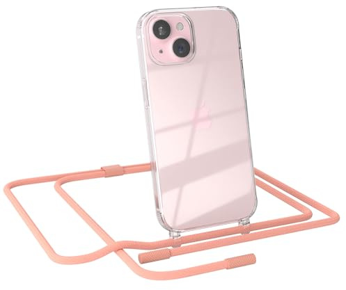 EAZY CASE - Handykette kompatibel mit iPhone 15 - dünne Handyhülle für iPhone 15 Hülle mit Band als Fallschutz Kette zum Umhängen transparente Hülle Silikon in Korall