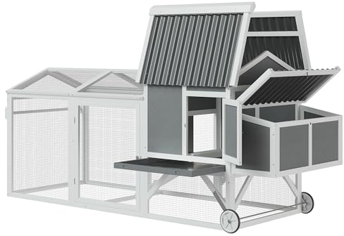 PawHut Hühnerstall Geflügelstall Hühnerhaus mit Nistkasten Hühnervoliere mit Rädern und Griff Gehege Winterfest Tannenholz PVC Grau+Weiß 247 x 90 x 114 cm