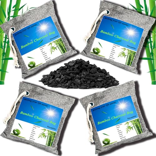 MEGAROOM Bamboo Air Purifying Bags (4x200g) - Natural Air Fresheners - Activated Charcoal Odour Absorber - Activated Charcoal Bag - Natural Car Air Freshener, Shoe Deodoriser, Home, Pet, Closet Odour