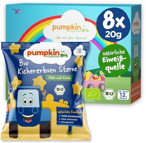 Pumpkin Organics Kindersnack Bio Kichererbsen Sterne Mais und Kürbis (8er Pack) Baby Snacks ohne Zusatzstoffe ab dem 12. Monat - allergenfreie² und glutenfreie² Knuspersnacks für Kinder (8x20g)