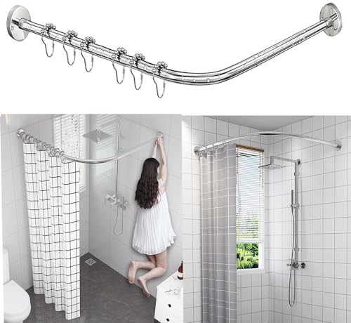 AUBWIG Tenda Doccia Binario Estensibile In Acciaio Inox A Forma Di L Vasca Da Bagno Angolo Doccia Tenda Asta Nessuna Foratura Per Negozio Di Abbigliamento Bagno(75-95cmx75-95cm)