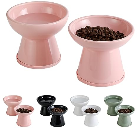 Cat Food Water Bowl Set - Raised Cat Bowl with Non Slip Strip - Ceramic Cat Dishes Elevated Anti Vomiting - Extra Wide Large Cat Feeding Bowls Whisker Friendly - Microwave and Dishwasher Safe - 2 Pack