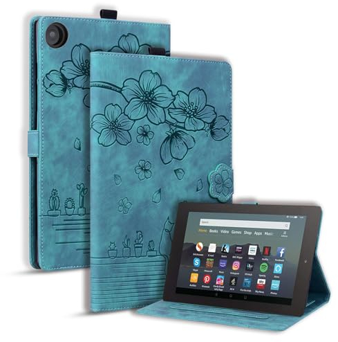 SLLMYYX Tablet-Hülle kompatibel mit Kindle Fire HD 8 & 8 Plus Tablet (12. / 10. Generation 2022/2020), Kirschblüten-Katze, PU-Leder, Folio-Aufstellfunktion, Grün