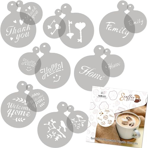 NAKLEO Kaffee Schablonen und Kekse Dekoration 14 Stück 7x7 und 11x11cm, Wiederverwendbare Plastik Backen Vorlage, Familie Willkommen, DIY Kunst, Cappuccino Latte Schokolade Torten Kuchen