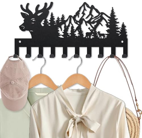MAYJOYDIY Hirsch Bergmotiv Metall Garderobenständer Wald Baum Tier Schlüsselhalter Wandmontage 25×12cm 10 Haken Hirschkopf Natürliche Landschaft Schwarze Schlüsselhaken Für Mäntel Handtücher Taschen