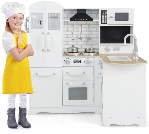 HOMASIS Kinderküche mit Licht & Sound, Küchenset mit Waschbecken Herd Backofen Kühlschrank, Spielzeugküche inkl. Topf & 3 Kochgeschirr, Kinder Spielküche Eckküche Holz für Kinder ab 3 Jahre (Luxus)
