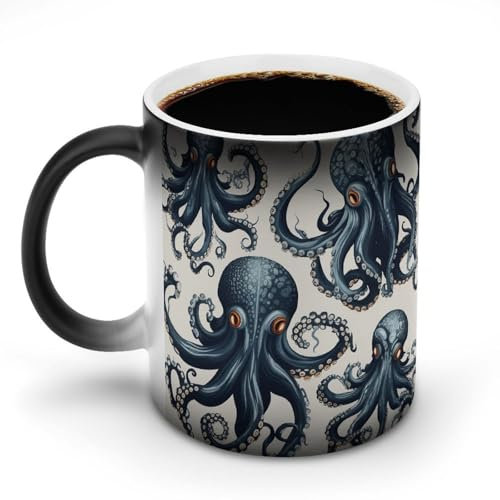 ZLFDSKGY Kaffeetasse mit Oktopus-Muster, bedruckt, Keramik, Kaffeetassen mit Griff, Farbwechsel, lustige Tassen für Tee, Suppe, Milch, Latte