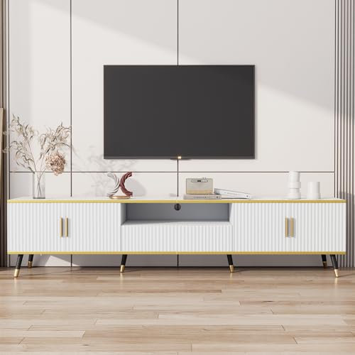 BTM Meuble TV Extérieur en Marbre, Compartiment, Tiroir et Portes, Banc TV Bas Longueur, pour Télévisions 90 Pouces, Charge de 30kg, 200 x40x46cm, Blanc