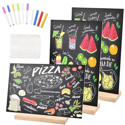Bouiexye 3 Stück 8.1 x 12 Zoll Kreidetafelschilder mit Ständer für Tische kleine Kreidetafelschilder mit Holzsockel für Heimdekorationen Café Restaurant Küche Hochzeitsfeier