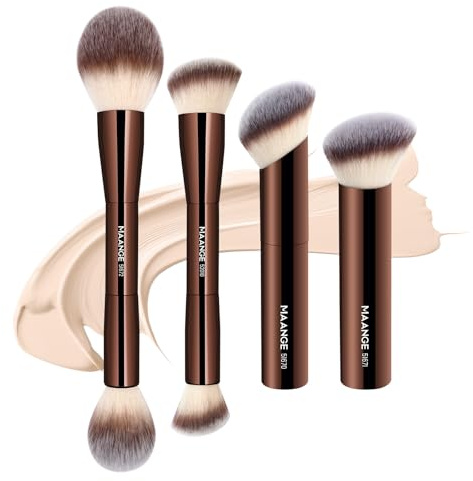 Make Up Brush MAANGE 4 PCS Foundation Kabuki Brush Double-ended Contour Brush for Liquid Powder Concealer Cream Cosmetics Blending Blush Face Makeup Tools Kit (Coffee)
