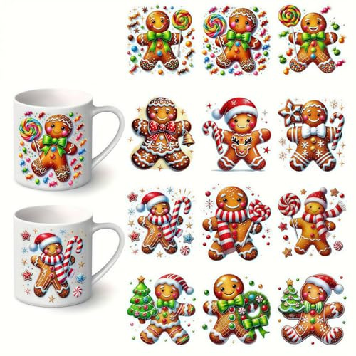 12pcs Christmas Gingerbread for Man & Tree UV DTF Cup Wraps Winter UV DTF Transfer Sticker for Glass Cups Furniture Craft DIY Crafts，Rub on Transfer Stickers for DIY Water Bottle Laptop Decal Wood Car