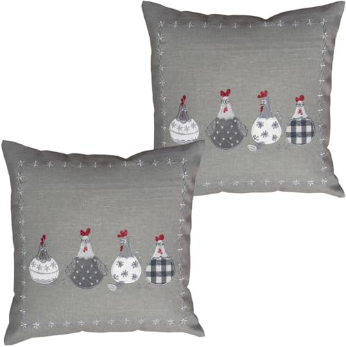 matches21 HOME & HOBBY Kissenhüllen Tami 40 x 40 cm mit lustigem Hühner-Motiv grau Dekokissen für Landhausstil & Osterdeko
