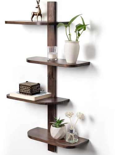 Afuly Wandregal Holz Vintage, 4 Ebenen – Vertikales Schweberegal Braun mit abgerundeten Ecken, Platzsparendes Hängeregal aus massivem Holz, Wanddeko für Bad, Küche, Wohnzimmer