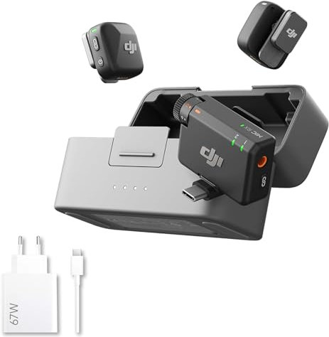 DJI Mic Mini Bluetooth Lavalier Mikrofon (2 Sender, 1 Empfänger, Ladeschale), ansteckmikrofon, mikrofon kabellos, 48 Std. Nutzung, Wireless, iPhone, Android, Vlog, Streaming, mit 67W Ladegerät