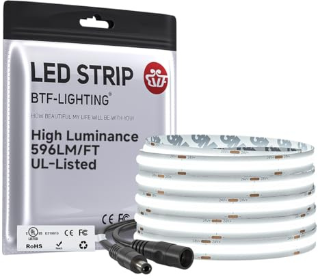 BTF-LIGHTING Superhelle Hohe Lumenleistung FCOB COB LED Streifen 6000K Kaltweiß 1957LM/M 24V 5M 480LEDs/m CRI90+ 10mm Breite Dimmbar Flexibles Bandlicht für Küche Schrank Schlafzimmer(Nur Streifen)