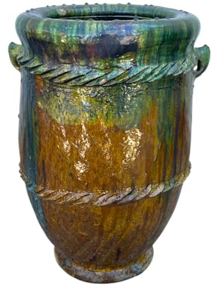 Vaso Marocchino Tamegroute, Anfora Artigianale in Ceramica, Verde e ocra, 38x38x62 cm
