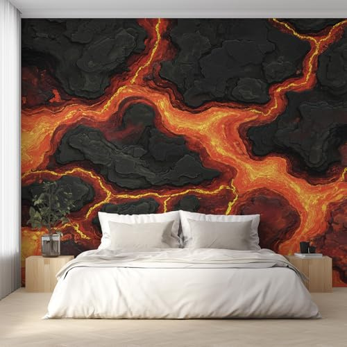 Generisch Vlies Fototapete Vulkan Lava 280x200 cm, Tapete Schwarz Orange Tapeten Vliestapete Wohnzimmer Felsen Schlafzimmer Wandtapete Ornamente Mustertapete W&49