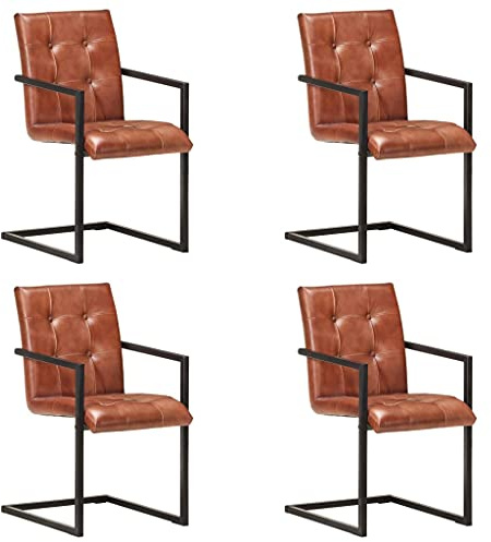 Zeehear Freischwinger 4 STK. Braun Echtleder, Esszimmerstühle mit Retro-Design, Gepolstert, Schwingstuhl für Küche & Esszimmer, Robustes Stahlgestell