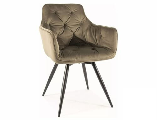 SIGNAL MEBLE Mango, Drehbarer Esszimmerstuhl mit Samtbezug, Olive, 180° Drehfunktion, Gesteppte Sitzfläche, Moderne Armlehnen, Metall Beine Mattschwarz, 83 cm Höhe
