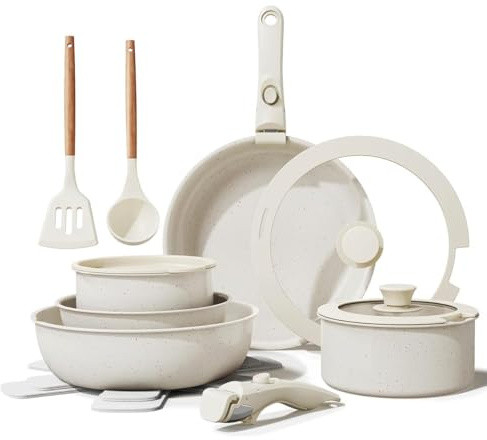 Batería de Cocina Almalux® 17 Piezas – Antiadherente de Granito, Mango Desmontable, Ahorro de Espacio, Apta para Inducción, Gas y Horno