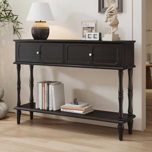 HOLTICO Konsolentisch mit Schubladen, Schwarz Konsolentisch Holz Schmal mit Schublade Konsolentische fürs Wohnzimmer, Eingang, Hausflur, Schlafzimmer