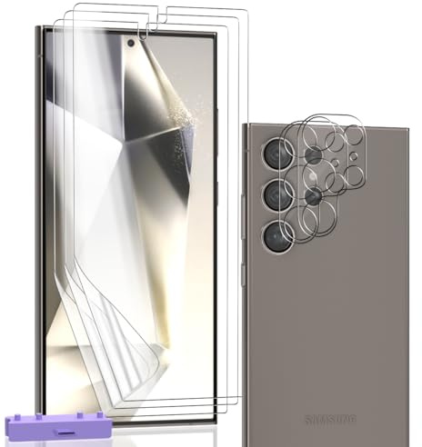 Zerrshoo Protector de Pantalla para Samsung Galaxy S24 Ultra, HD Película Protectora 3 Piezas y Cristal Templado Protector Cámara 2 Piezas, Antiarañazos, Cobertura Completo, Instalación Fácil